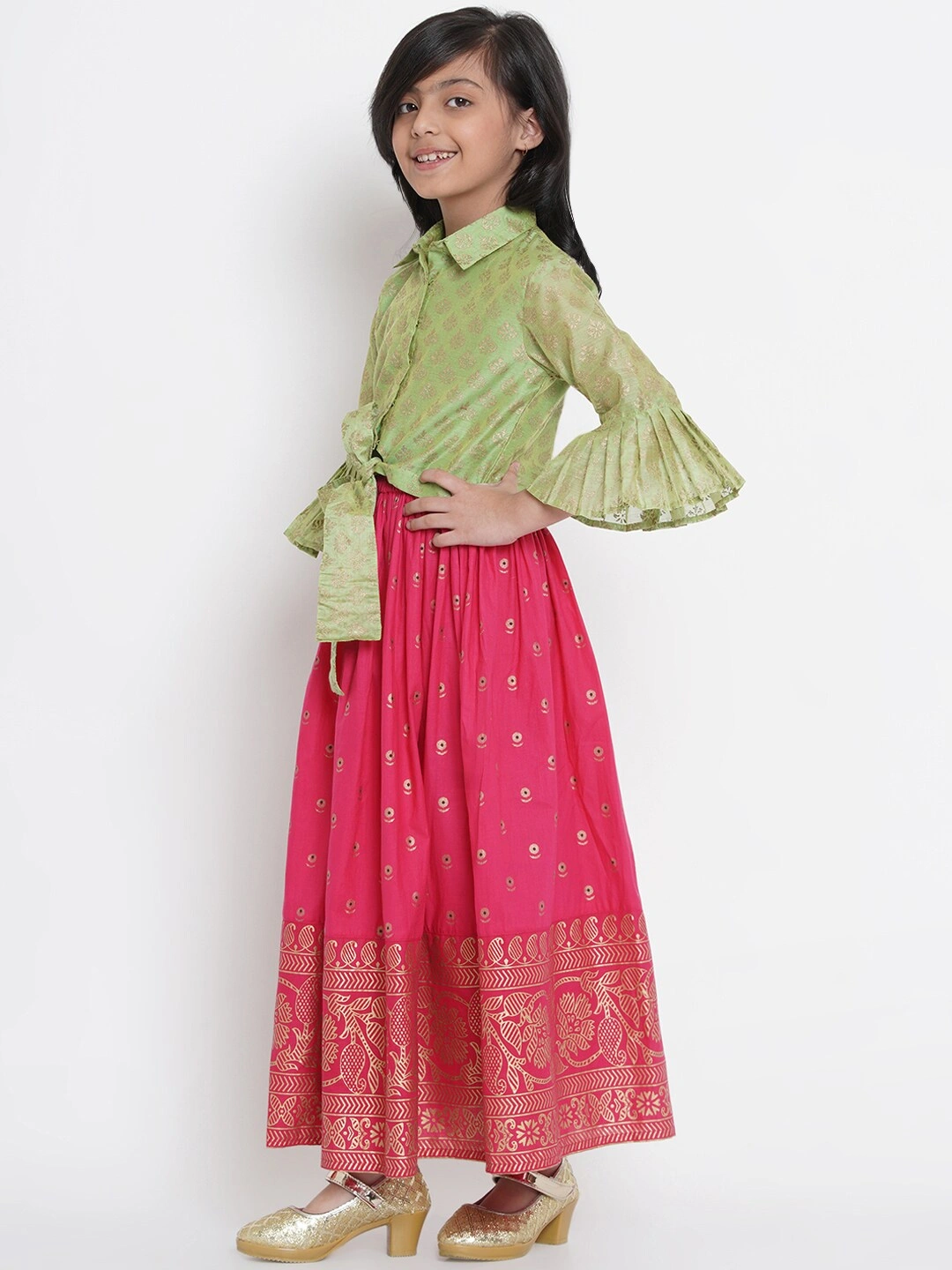 Bitiya by Bhama Fuchsia Pink &amp; Green Ready to Wear Lehenga with Blouse-3-4Y-1
