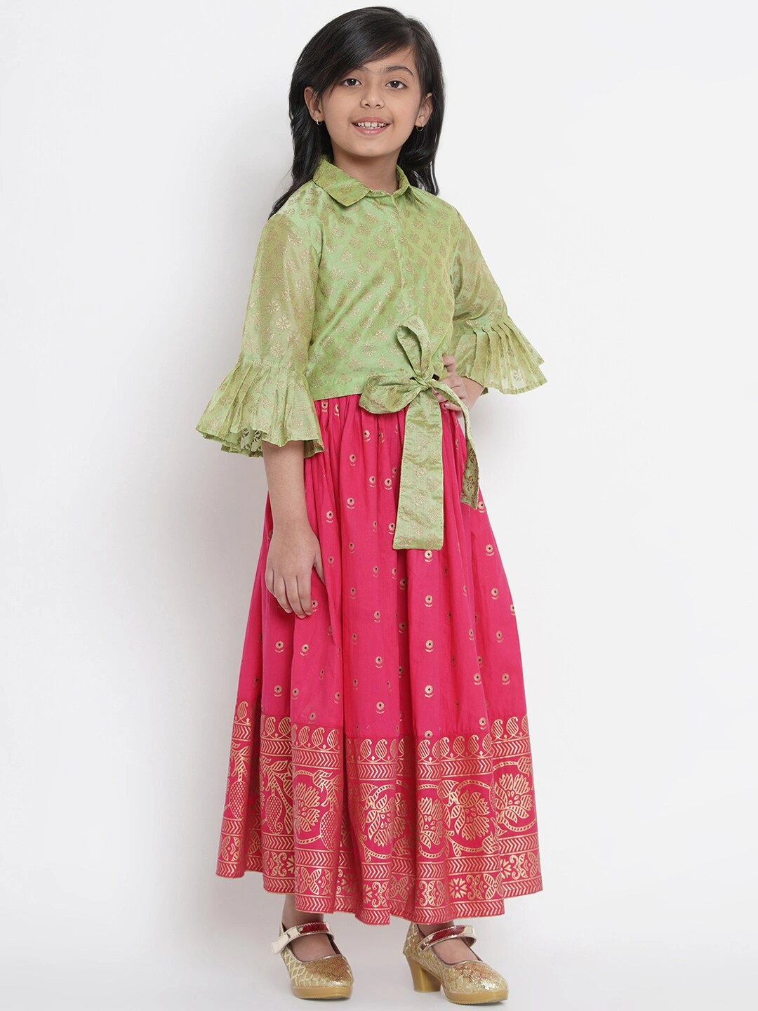 Bitiya by Bhama Fuchsia Pink &amp; Green Ready to Wear Lehenga with Blouse-3-4Y-2