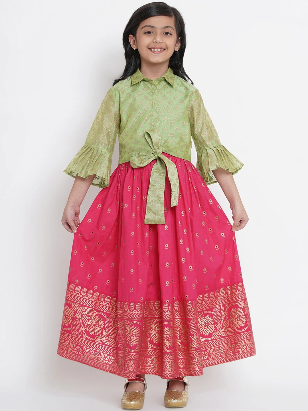 Bitiya by Bhama Fuchsia Pink &amp; Green Ready to Wear Lehenga with Blouse-BBB045_7-8Y