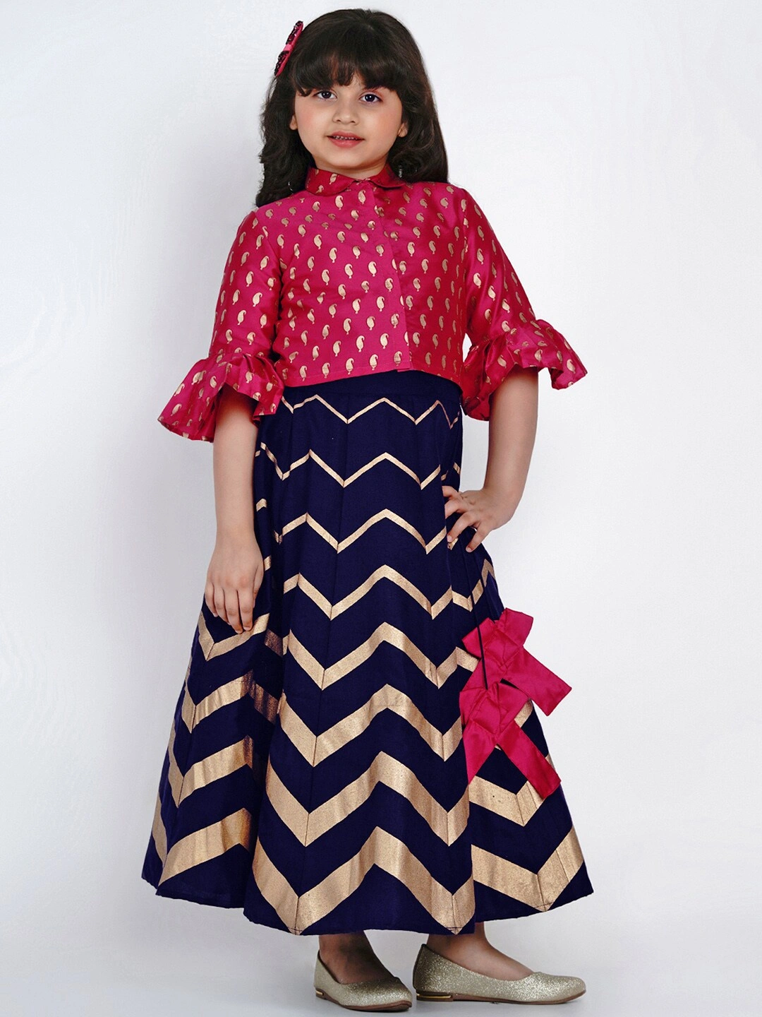 Bitiya by Bhama Pink &amp; Navy Blue Ready to Wear Lehenga with Blouse-3-4Y-1