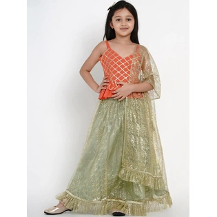 Bitiya by Bhama Girls Green & Peach-Coloured Embellished Ready to Wear Lehenga & Blouse with Dupatta
