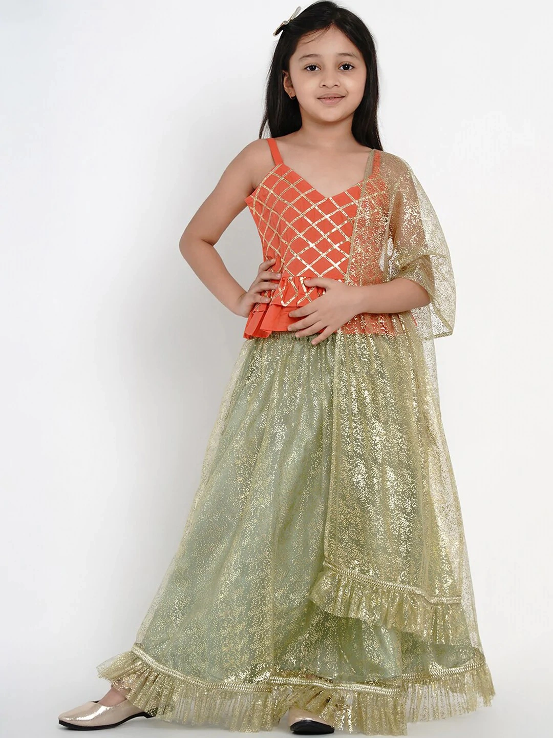 Bitiya by Bhama Girls Green &amp; Peach-Coloured Embellished Ready to Wear Lehenga &amp; Blouse with Dupatta-BBB166_5-6Y