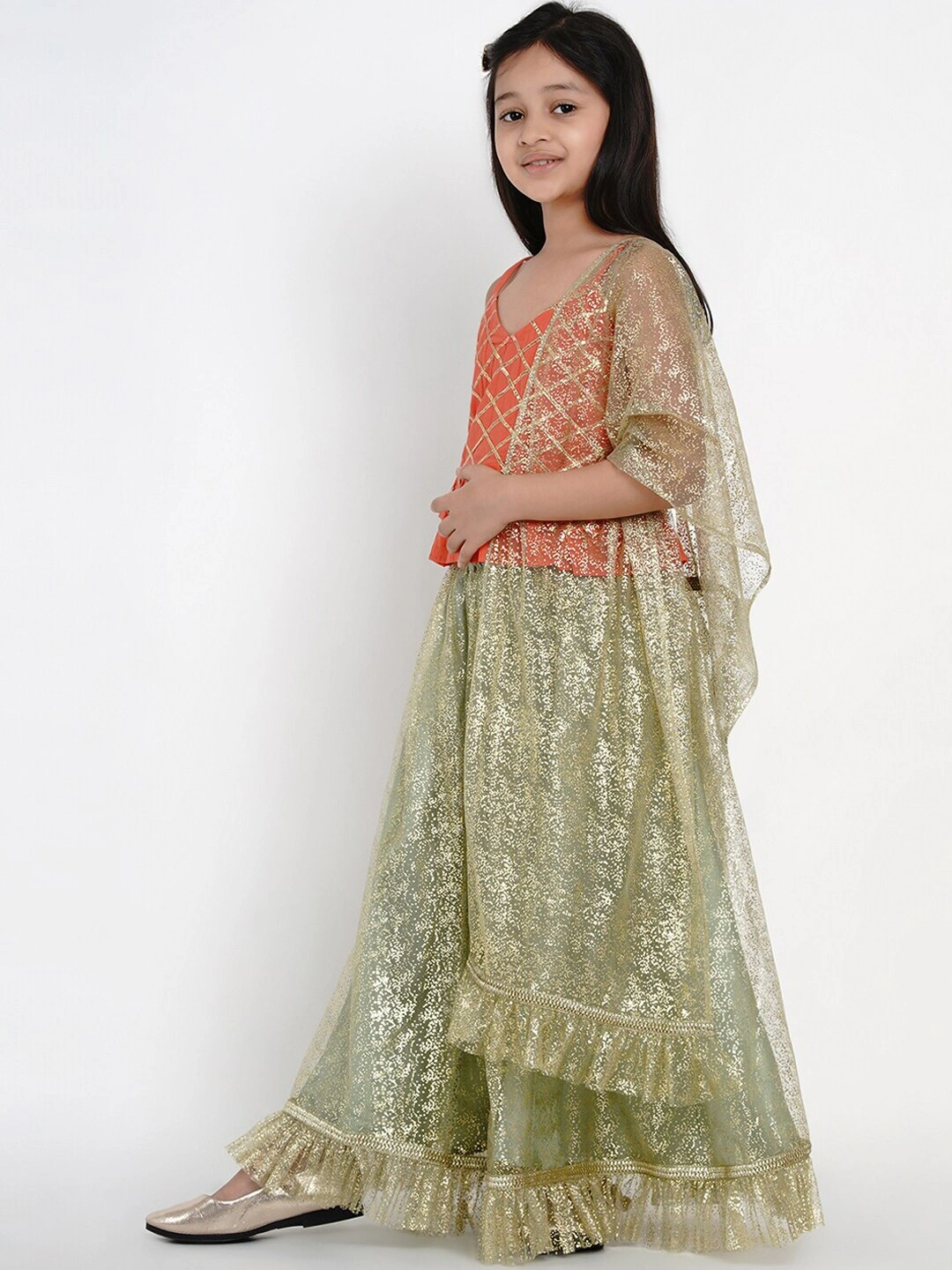 Bitiya by Bhama Girls Green &amp; Peach-Coloured Embellished Ready to Wear Lehenga &amp; Blouse with Dupatta-6-7Y-1