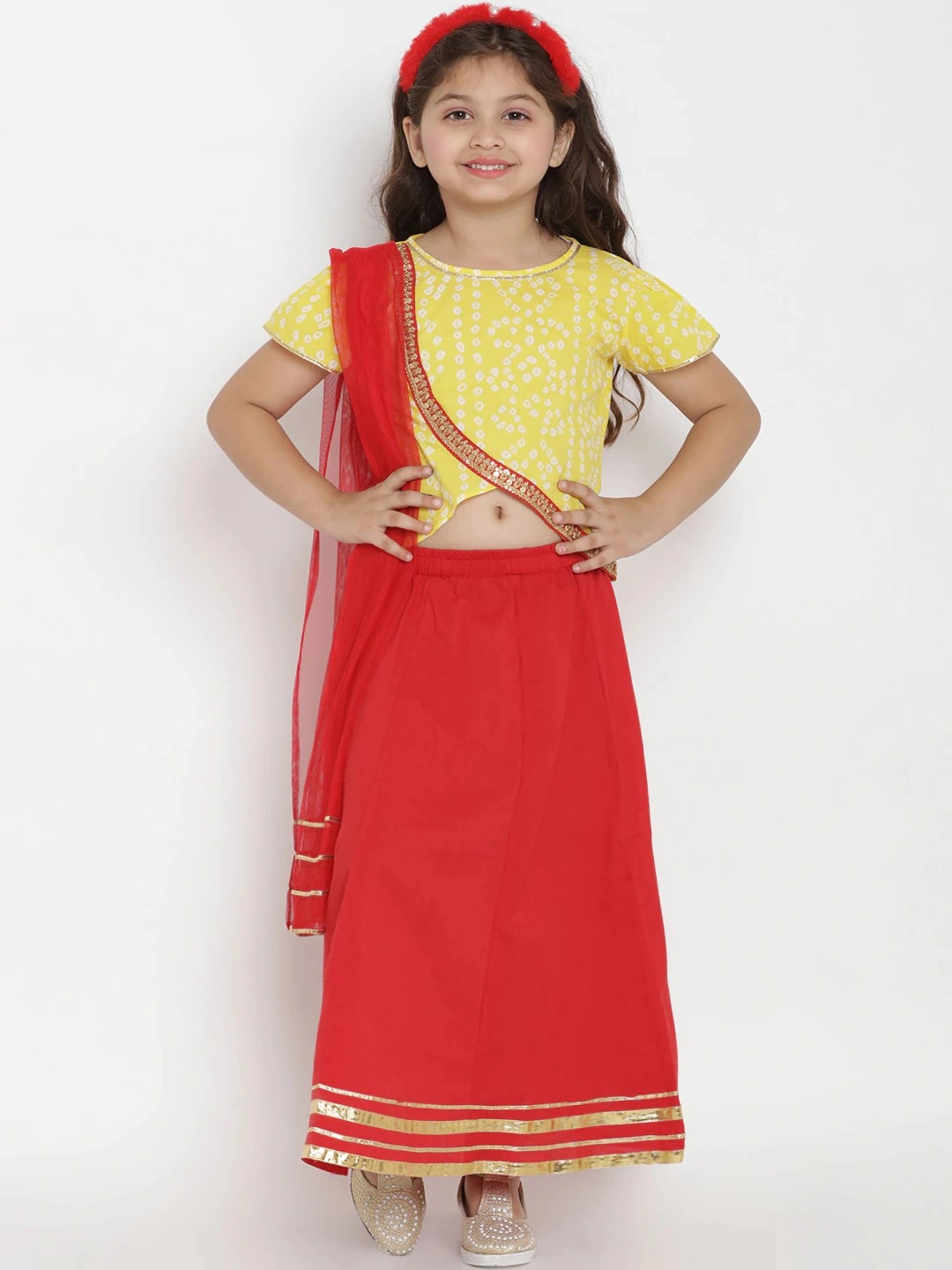 Bitiya by Bhama Girls Yellow &amp; Red Printed Ready to Wear Lehenga &amp; Blouse with Dupatta-BBT149_3-4Y