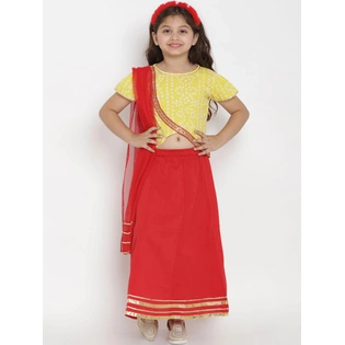 Bitiya by Bhama Girls Yellow & Red Printed Ready to Wear Lehenga & Blouse with Dupatta