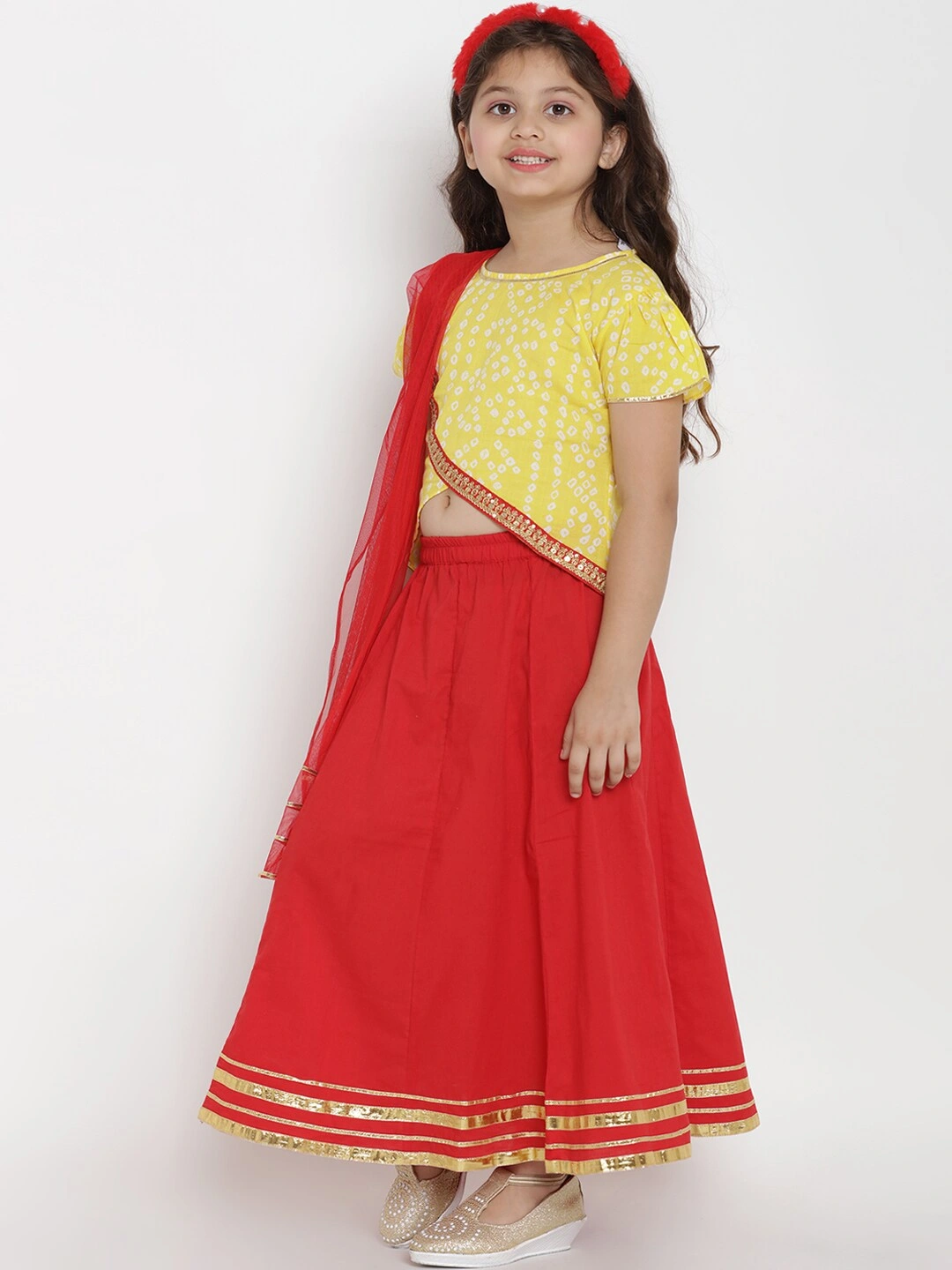 Bitiya by Bhama Girls Yellow &amp; Red Printed Ready to Wear Lehenga &amp; Blouse with Dupatta-3-4Y-1