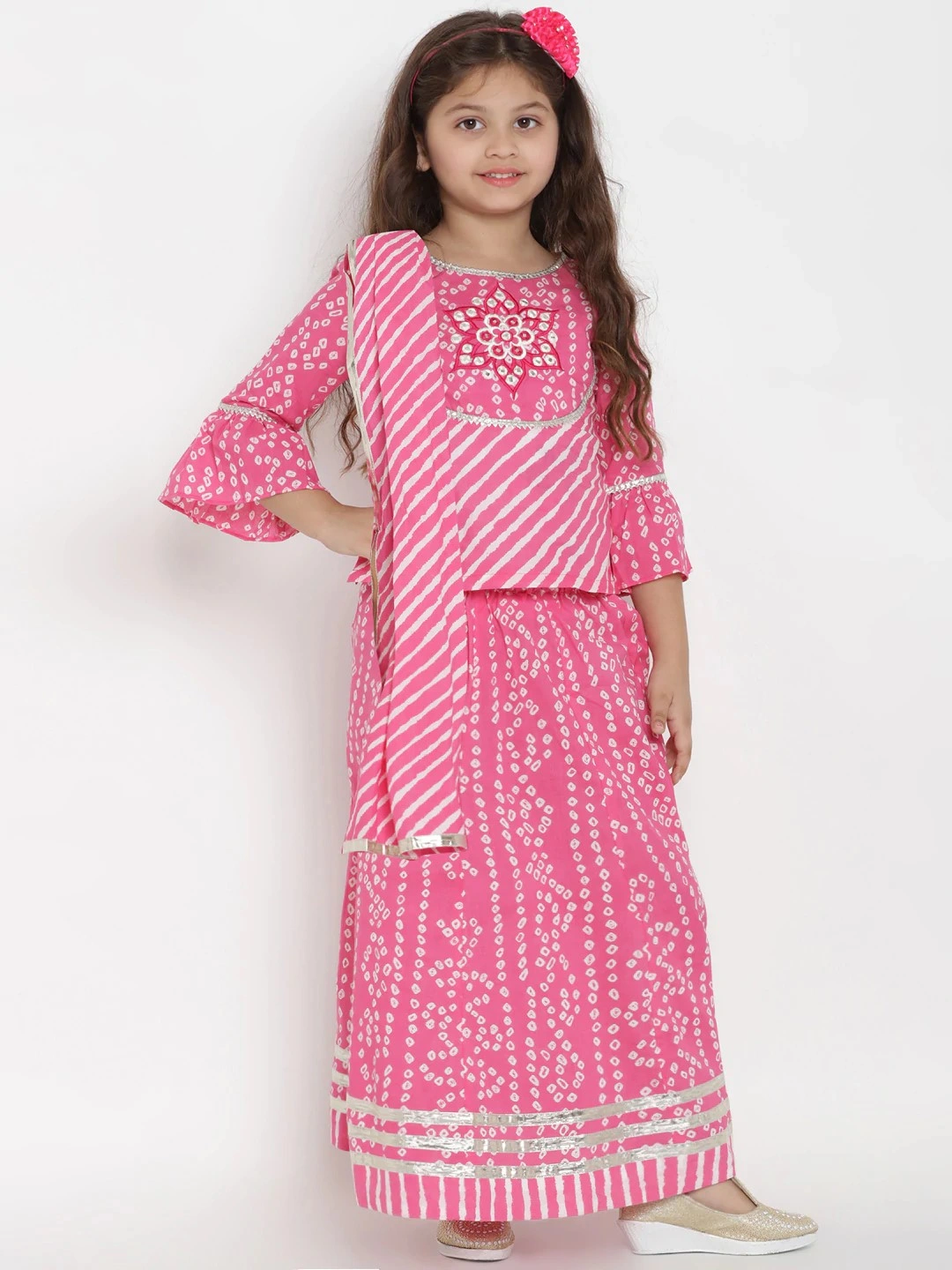 Bitiya by Bhama Girls Pink &amp; White Printed Ready to Wear Lehenga &amp; Blouse with Dupatta-BBT150_3-4Y