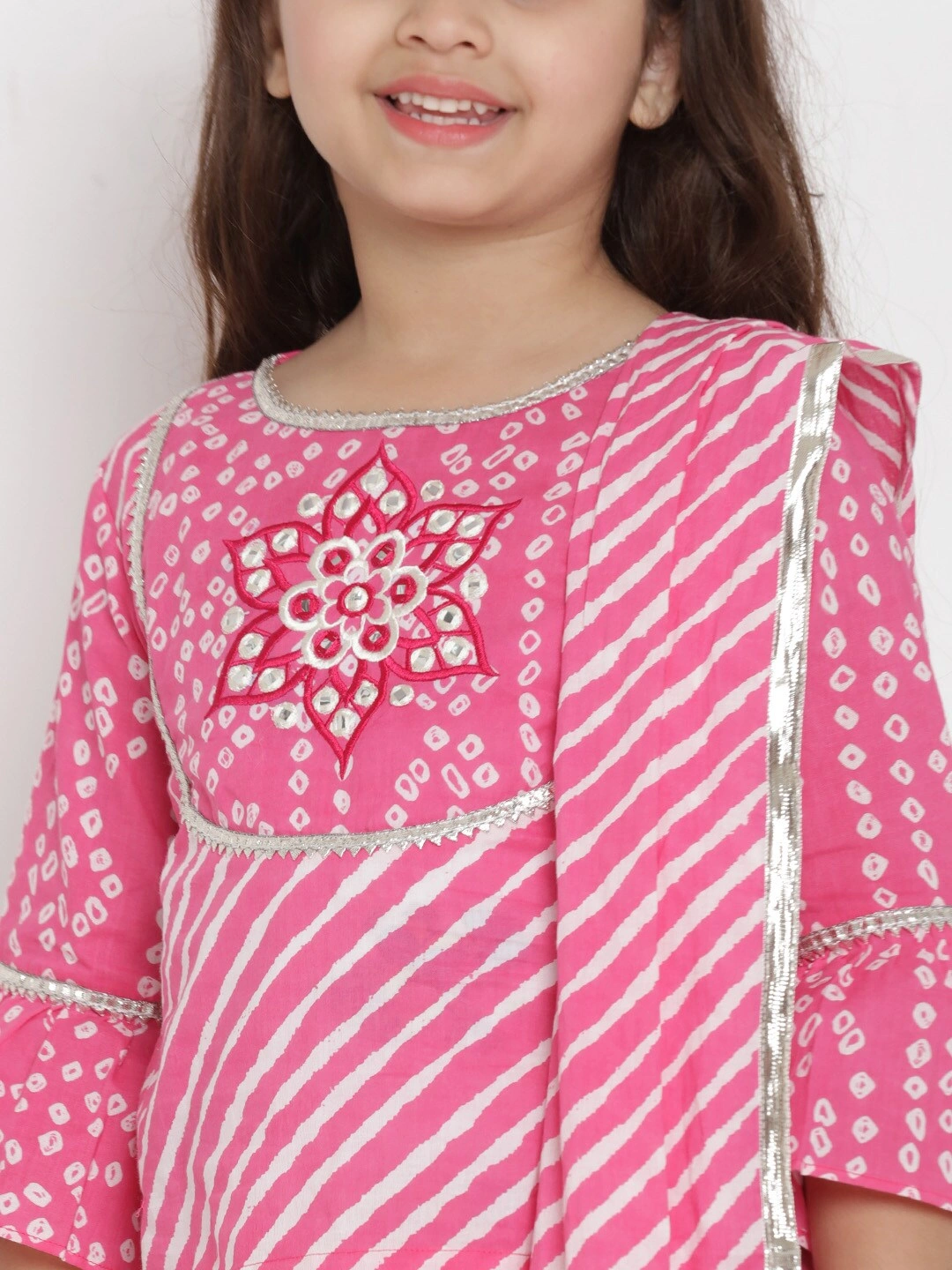 Bitiya by Bhama Girls Pink &amp; White Printed Ready to Wear Lehenga &amp; Blouse with Dupatta-3-4Y-4