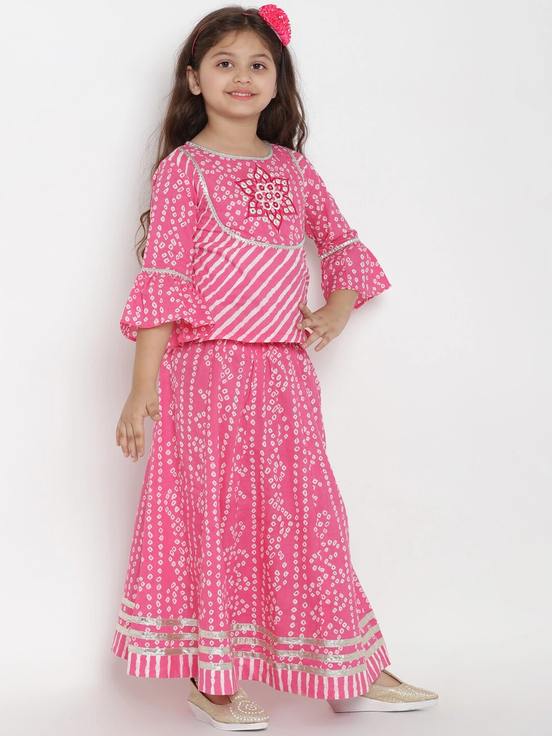 Bitiya by Bhama Girls Pink &amp; White Printed Ready to Wear Lehenga &amp; Blouse with Dupatta-4-5Y-1