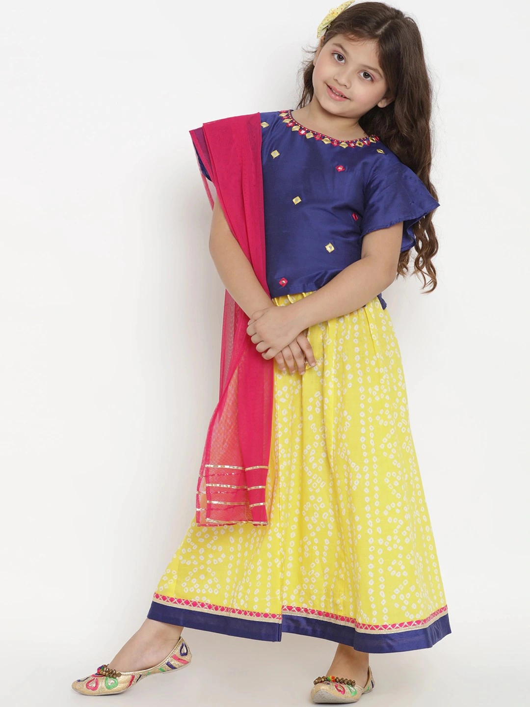 Bitiya by Bhama Girls Blue &amp; Yellow Solid Ready to Wear Lehenga &amp; Blouse with Dupatta-BBT151_3-4Y