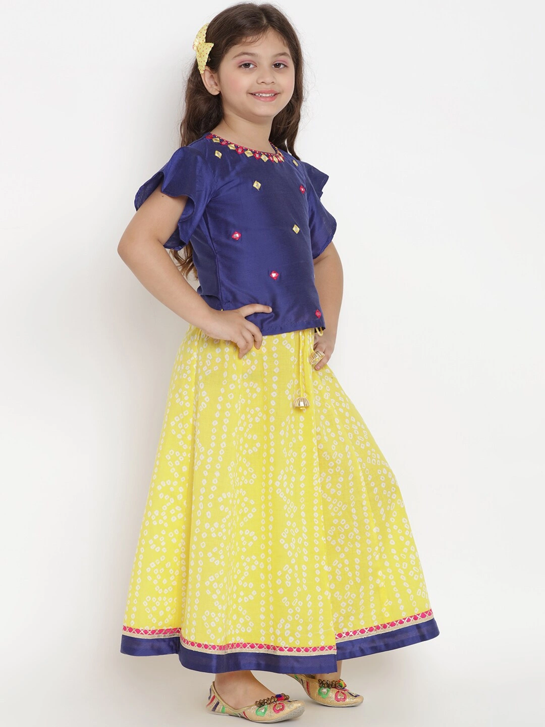 Bitiya by Bhama Girls Blue &amp; Yellow Solid Ready to Wear Lehenga &amp; Blouse with Dupatta-3-4Y-1