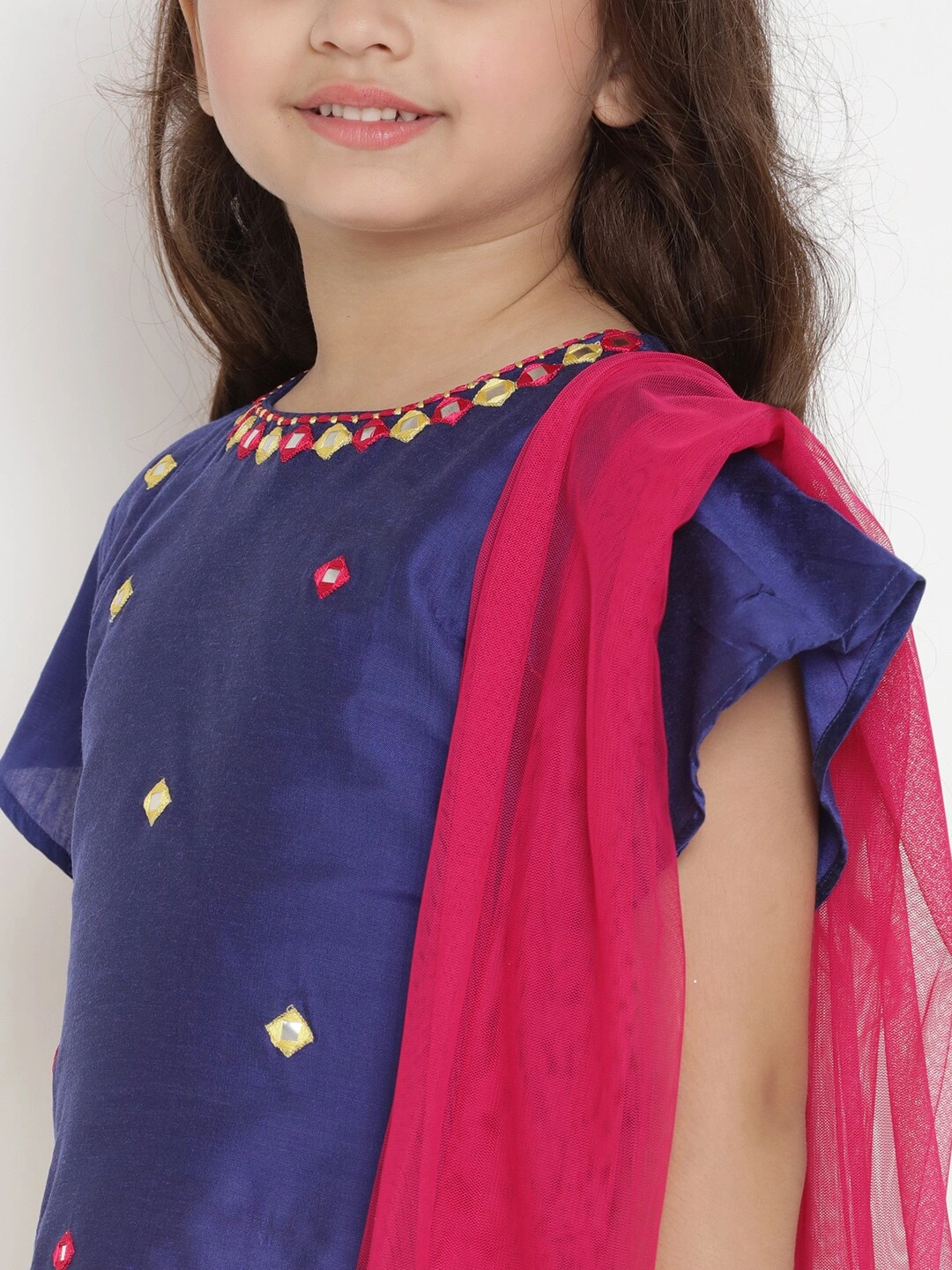 Bitiya by Bhama Girls Blue &amp; Yellow Solid Ready to Wear Lehenga &amp; Blouse with Dupatta-3-4Y-3