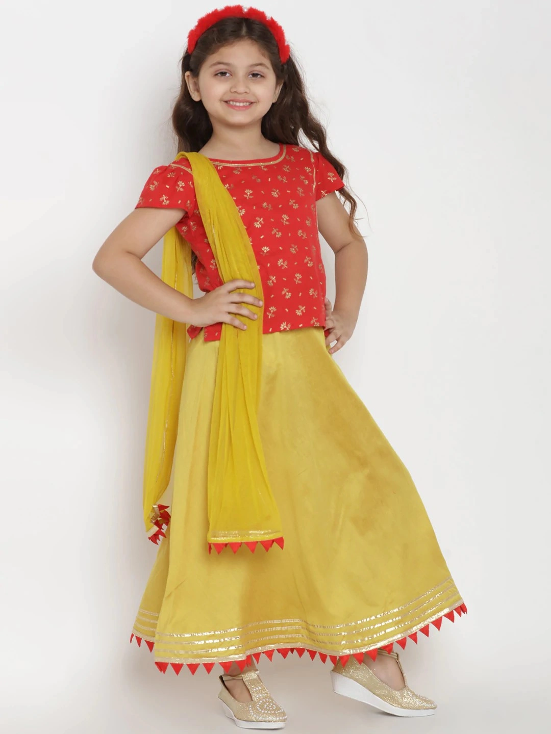 Bitiya by Bhama Girls Red &amp; Yellow Printed Ready to Wear Lehenga &amp; Blouse with Dupatta-BBT152_3-4Y