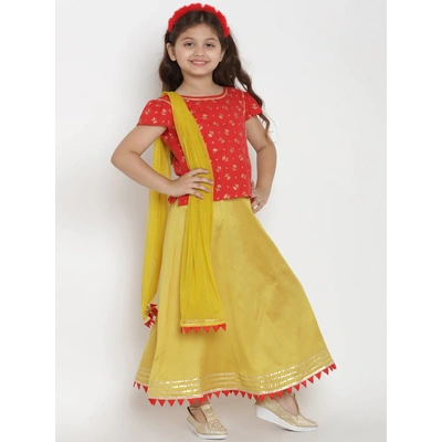 Bitiya by Bhama Girls Red & Yellow Printed Ready to Wear Lehenga & Blouse with Dupatta