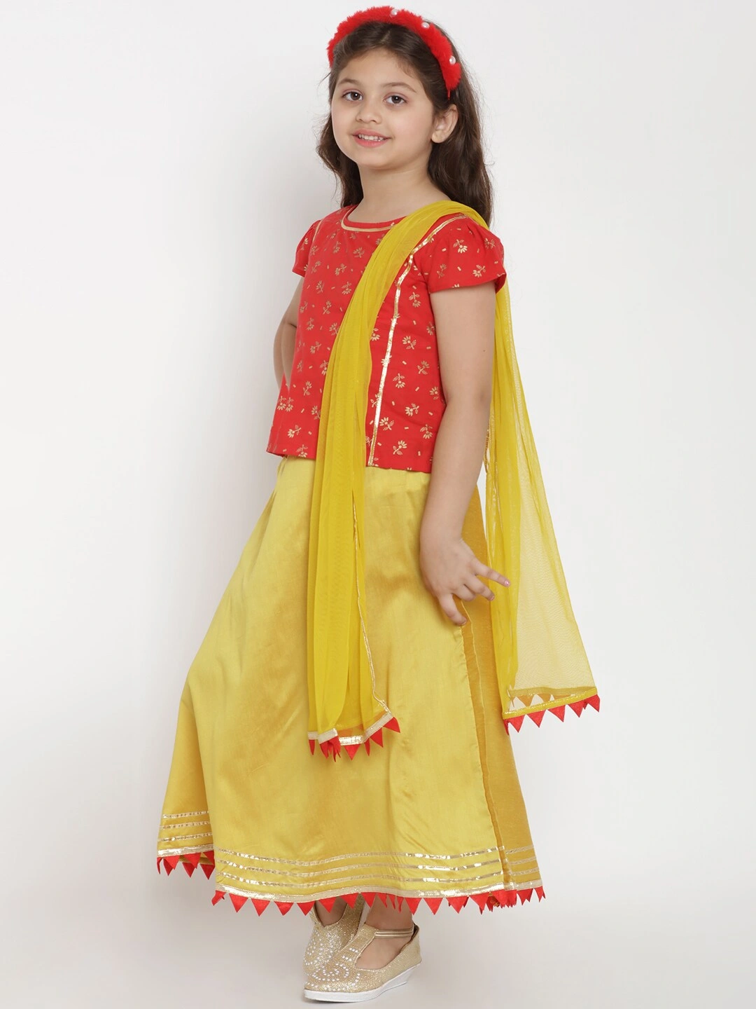 Bitiya by Bhama Girls Red &amp; Yellow Printed Ready to Wear Lehenga &amp; Blouse with Dupatta-3-4Y-1