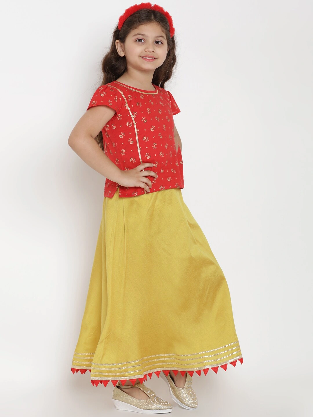 Bitiya by Bhama Girls Red &amp; Yellow Printed Ready to Wear Lehenga &amp; Blouse with Dupatta-3-4Y-2