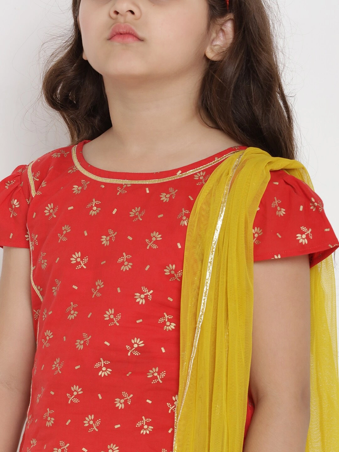 Bitiya by Bhama Girls Red &amp; Yellow Printed Ready to Wear Lehenga &amp; Blouse with Dupatta-3-4Y-4