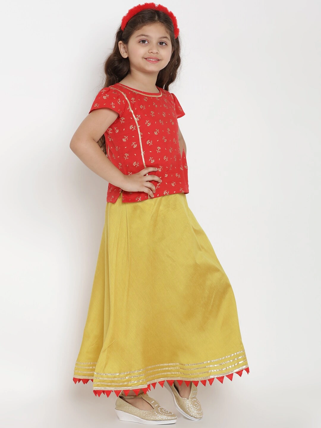 Bitiya by Bhama Girls Red &amp; Yellow Printed Ready to Wear Lehenga &amp; Blouse with Dupatta-6-7Y-2