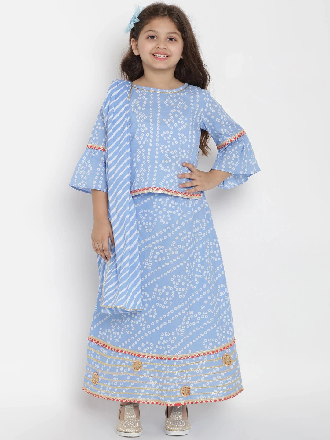 Bitiya by Bhama Girls Blue &amp; White Printed Ready to Wear Lehenga &amp; Blouse with Dupatta-BBT154_3-4Y