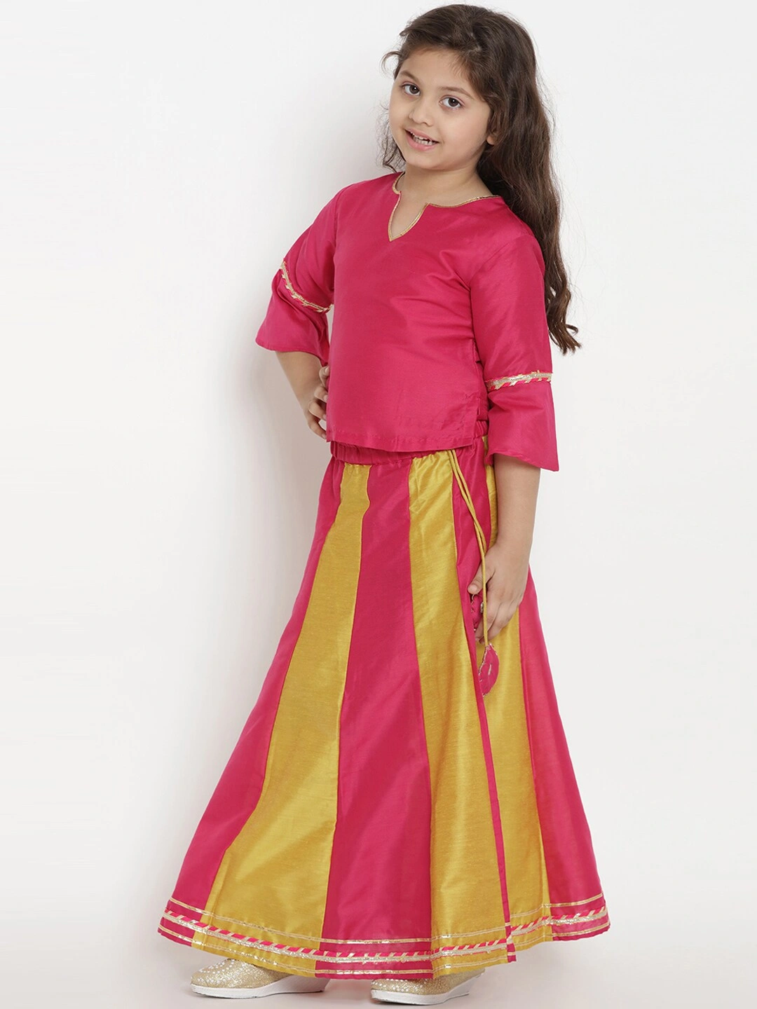 Bitiya by Bhama Girls Fuchsia &amp; Mustard Solid Ready to Wear Lehenga &amp; Blouse with Dupatta-5-6Y-1