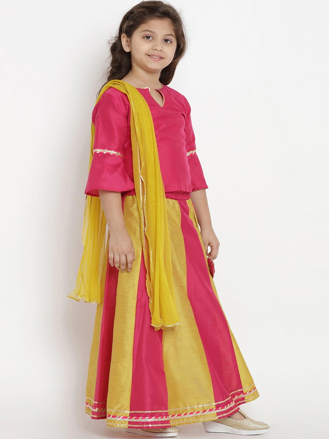 Bitiya by Bhama Girls Fuchsia &amp; Mustard Solid Ready to Wear Lehenga &amp; Blouse with Dupatta-5-6Y-2