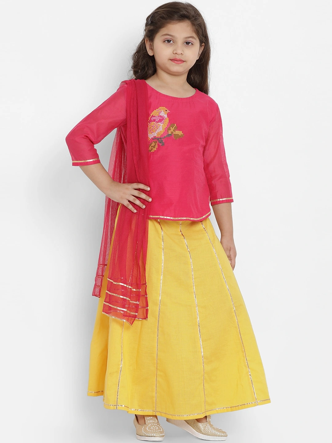 Bitiya by Bhama Girls Yellow &amp; Yellow Solid Ready to Wear Lehenga &amp; Blouse with Dupatta-BBT173_3-4Y