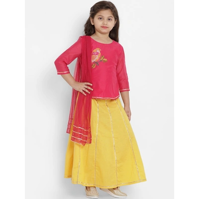 Bitiya by Bhama Girls Yellow & Yellow Solid Ready to Wear Lehenga & Blouse with Dupatta