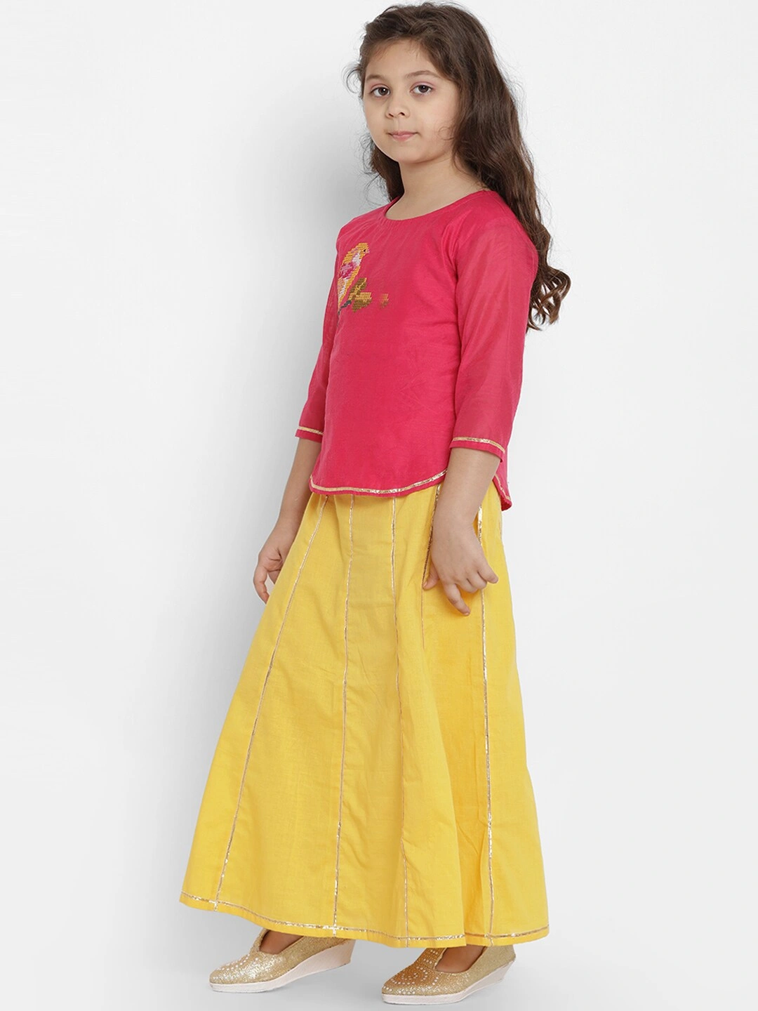 Bitiya by Bhama Girls Yellow &amp; Yellow Solid Ready to Wear Lehenga &amp; Blouse with Dupatta-3-4Y-1