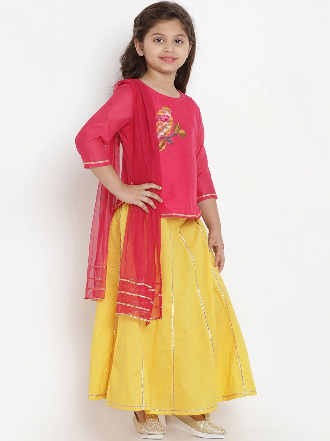 Bitiya by Bhama Girls Yellow &amp; Yellow Solid Ready to Wear Lehenga &amp; Blouse with Dupatta-5-6Y-2