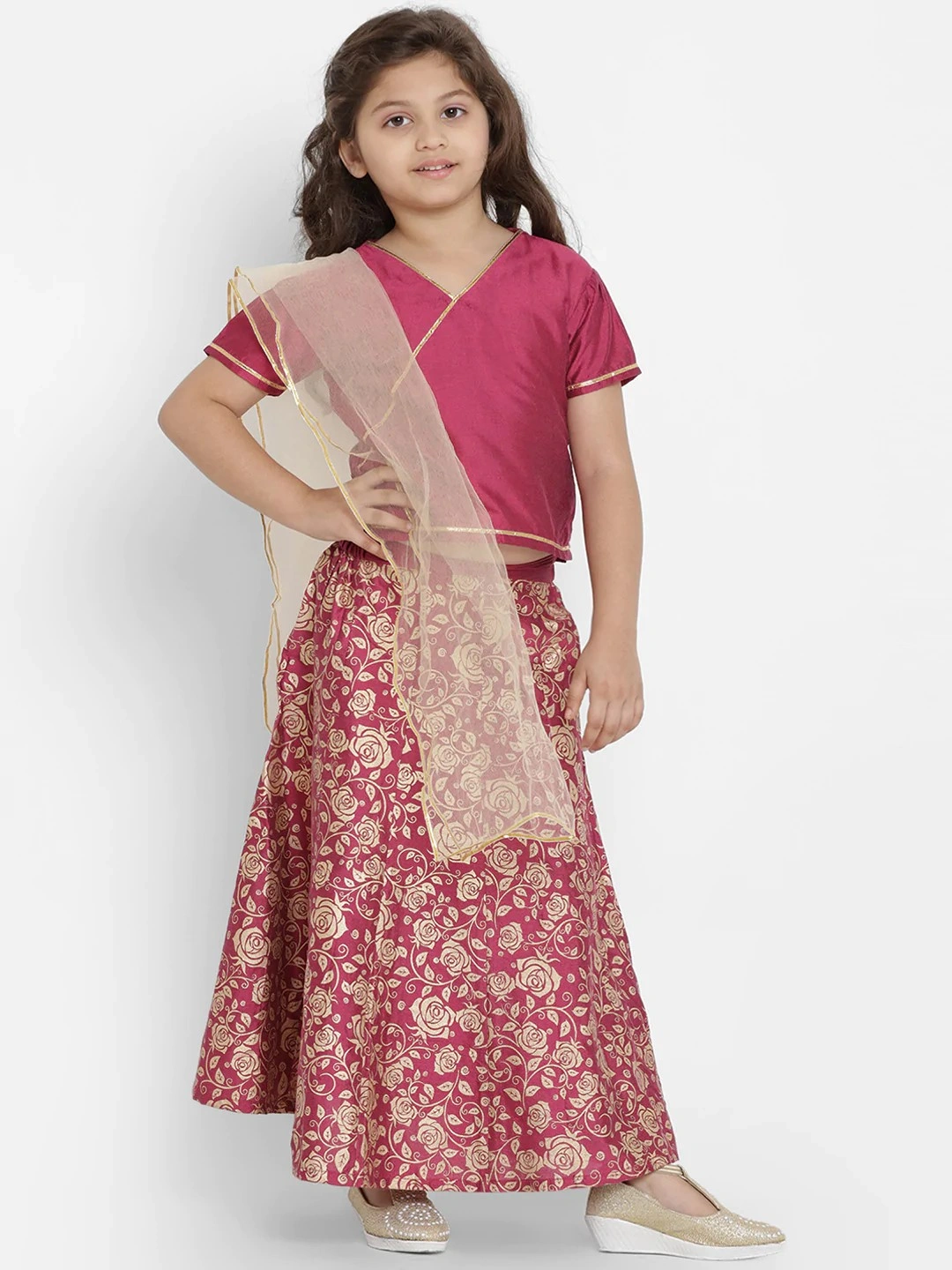 Bitiya by Bhama Girls Burgundy &amp; Beige Solid Ready to Wear Lehenga &amp; Blouse with Dupatta-BBT174_3-4Y