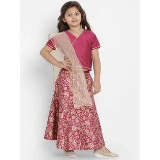 Bitiya by Bhama Girls Burgundy & Beige Solid Ready to Wear Lehenga & Blouse with Dupatta