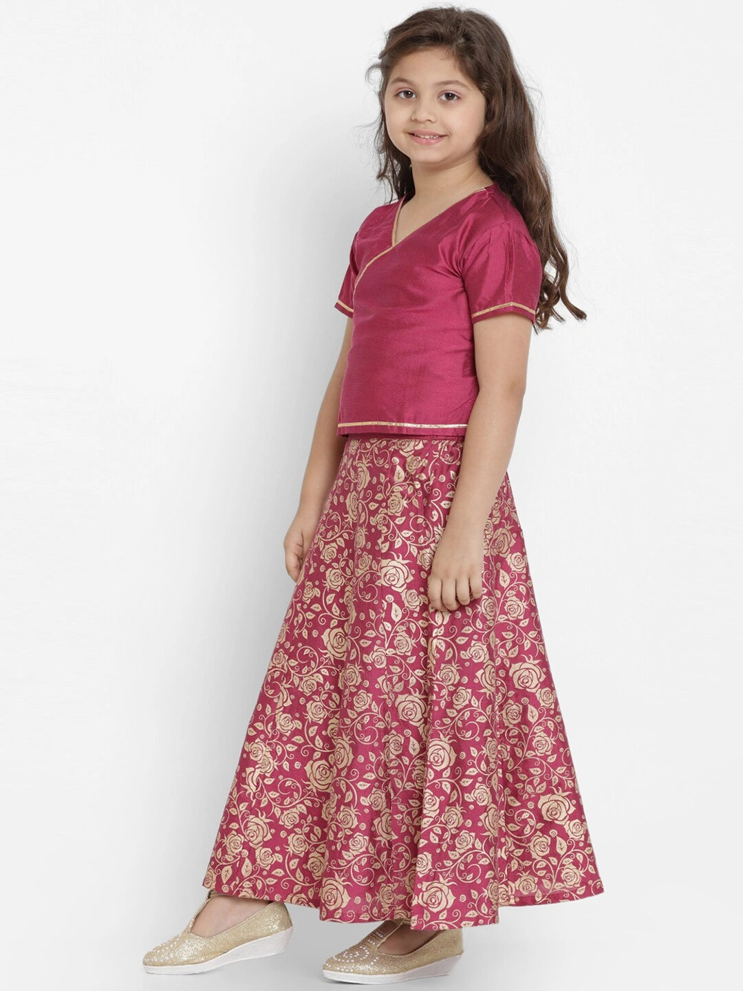 Bitiya by Bhama Girls Burgundy &amp; Beige Solid Ready to Wear Lehenga &amp; Blouse with Dupatta-3-4Y-1