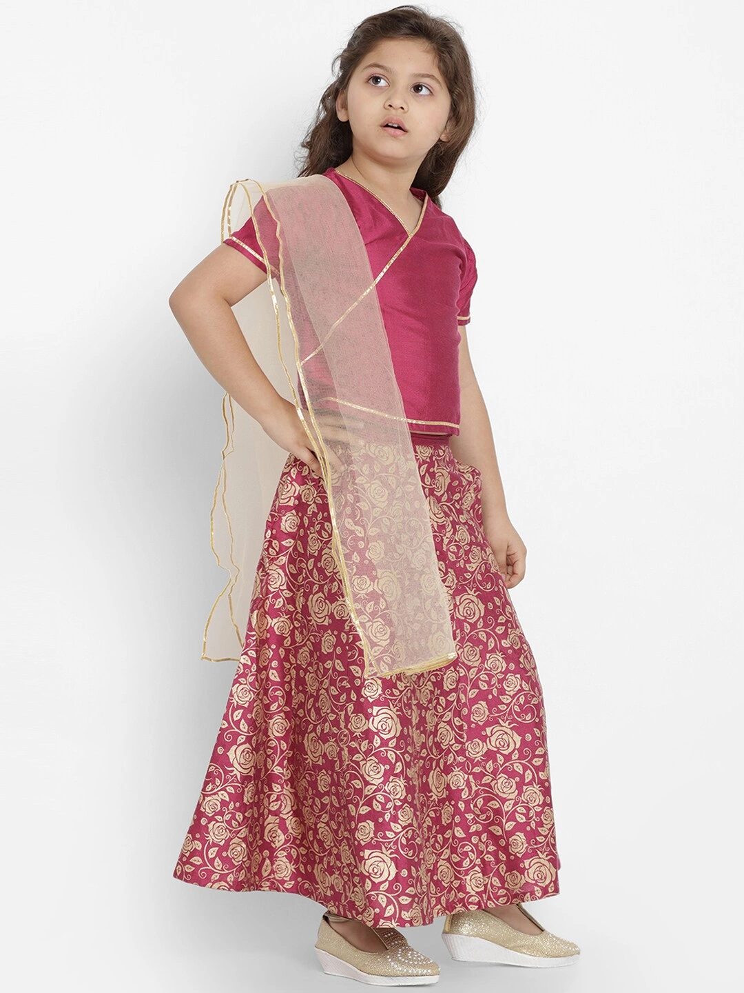 Bitiya by Bhama Girls Burgundy &amp; Beige Solid Ready to Wear Lehenga &amp; Blouse with Dupatta-3-4Y-2