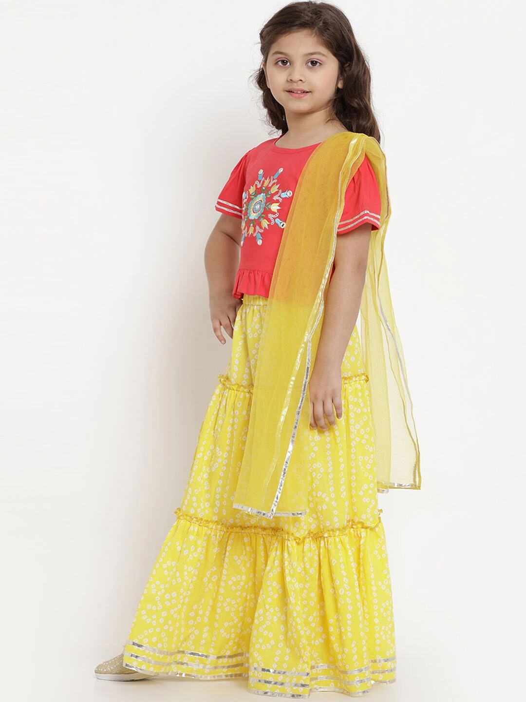 Bitiya by Bhama Girls Yellow &amp; Orange Solid Ready to Wear Lehenga &amp; Blouse with Dupatta-3-4Y-1