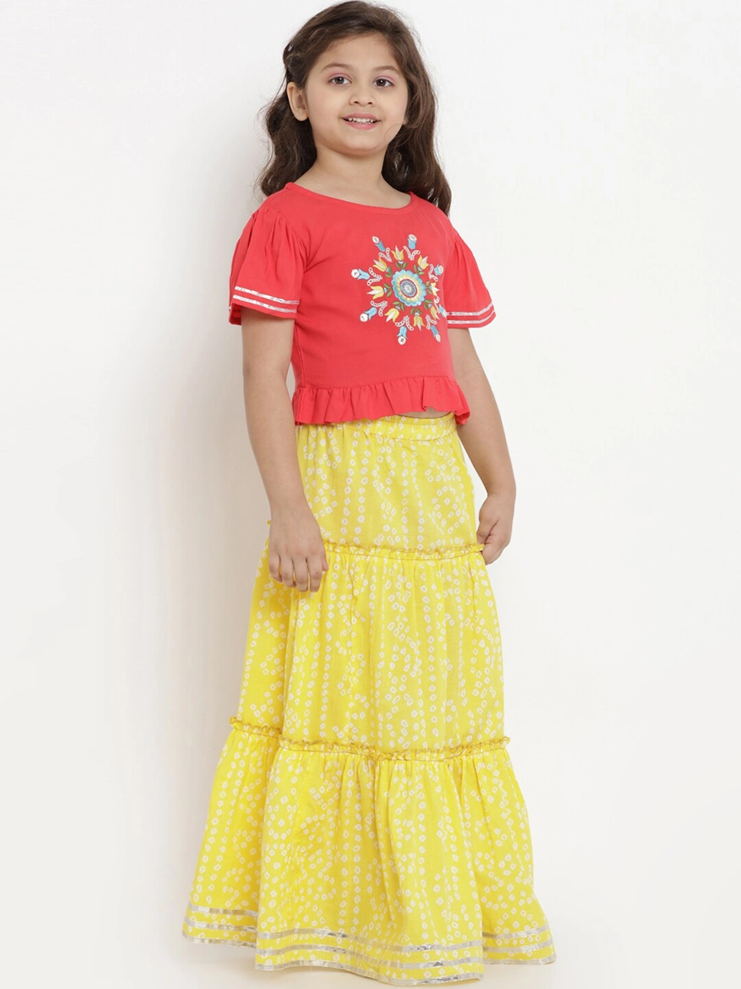 Bitiya by Bhama Girls Yellow &amp; Orange Solid Ready to Wear Lehenga &amp; Blouse with Dupatta-3-4Y-2