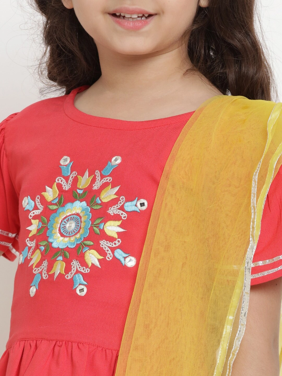 Bitiya by Bhama Girls Yellow &amp; Orange Solid Ready to Wear Lehenga &amp; Blouse with Dupatta-3-4Y-4