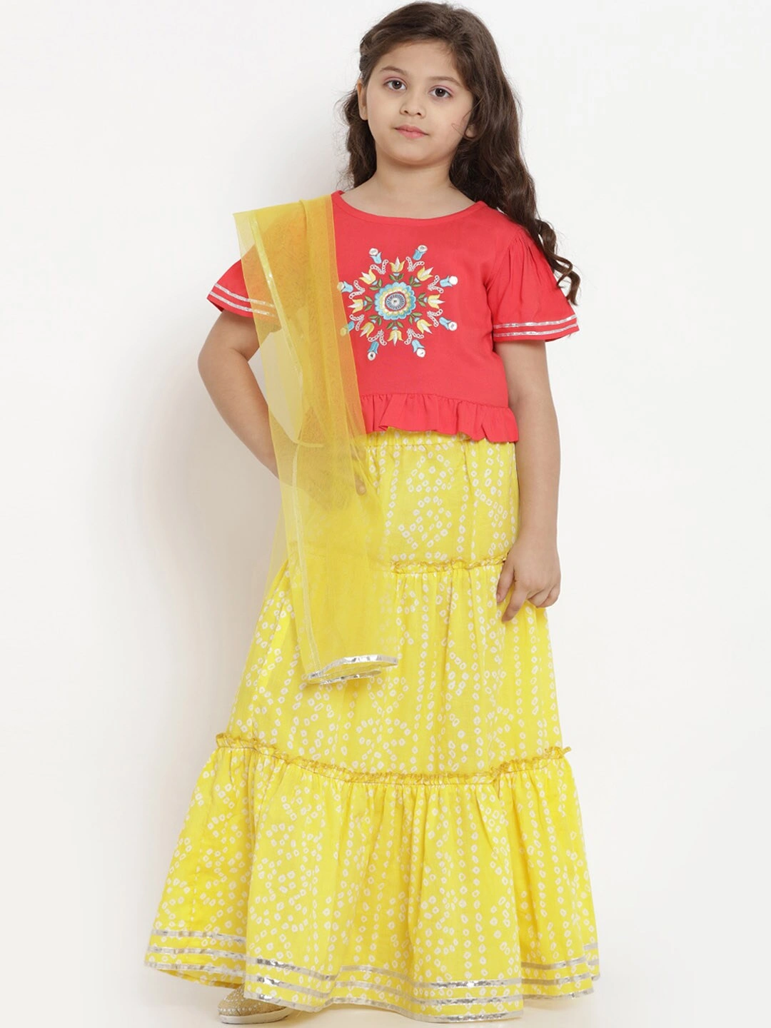 Bitiya by Bhama Girls Yellow &amp; Orange Solid Ready to Wear Lehenga &amp; Blouse with Dupatta-BBT175_4-5Y