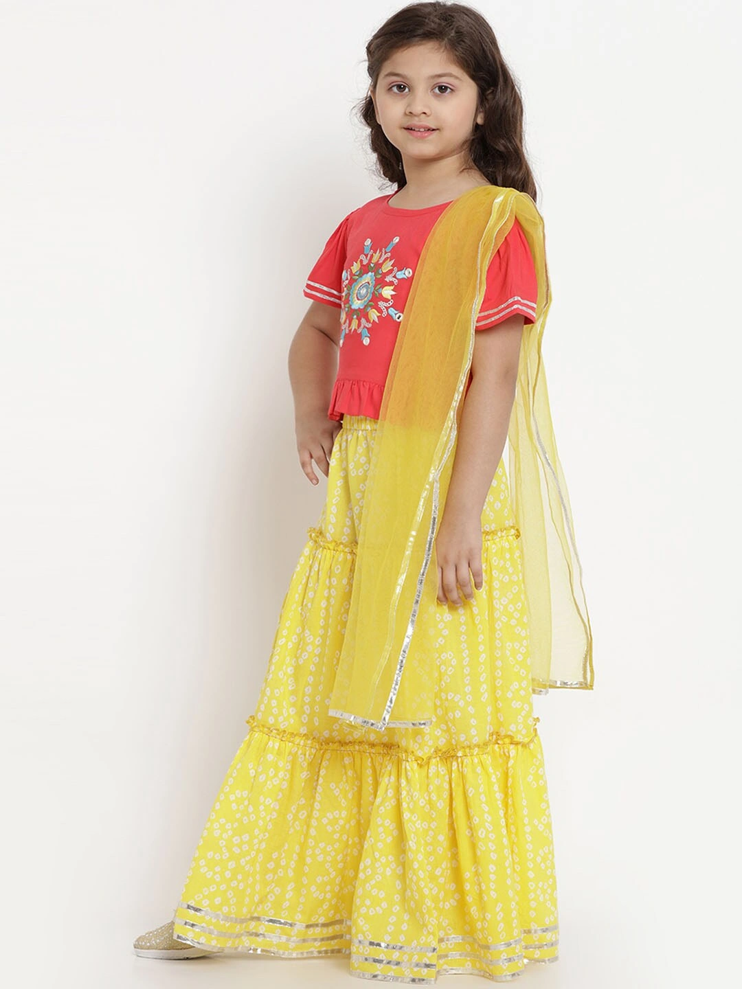 Bitiya by Bhama Girls Yellow &amp; Orange Solid Ready to Wear Lehenga &amp; Blouse with Dupatta-4-5Y-1