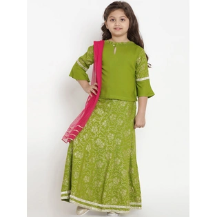 Bitiya by Bhama Girls Green & Fuchsia Solid Ready to Wear Lehenga & Blouse with Dupatta