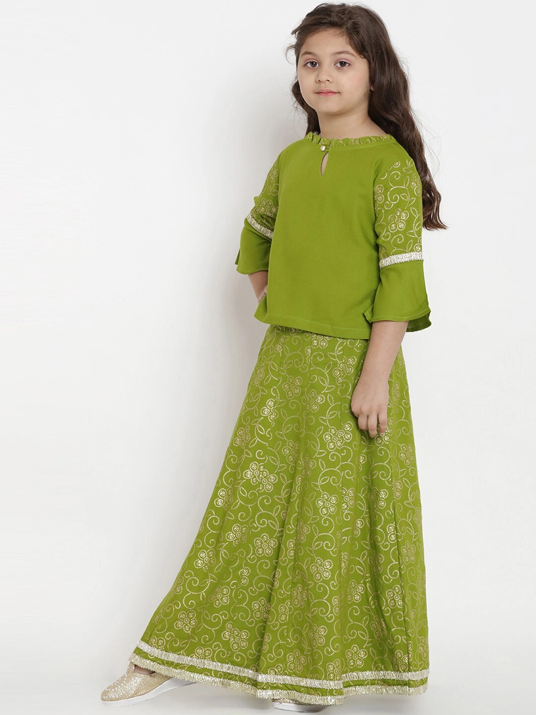 Bitiya by Bhama Girls Green &amp; Fuchsia Solid Ready to Wear Lehenga &amp; Blouse with Dupatta-3-4Y-1