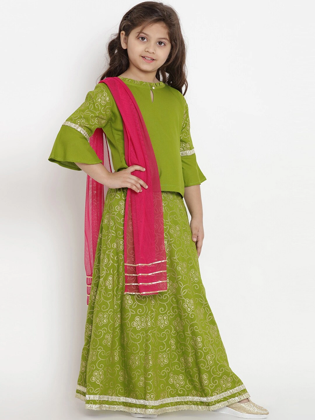 Bitiya by Bhama Girls Green &amp; Fuchsia Solid Ready to Wear Lehenga &amp; Blouse with Dupatta-3-4Y-2