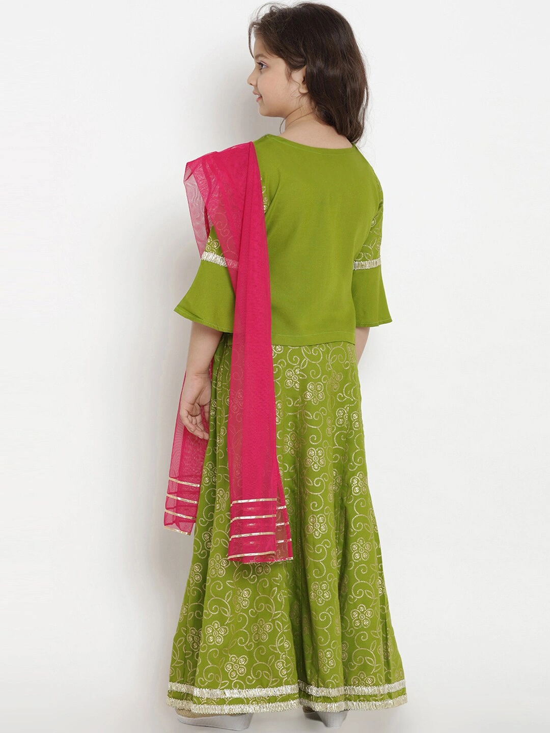 Bitiya by Bhama Girls Green &amp; Fuchsia Solid Ready to Wear Lehenga &amp; Blouse with Dupatta-3-4Y-3