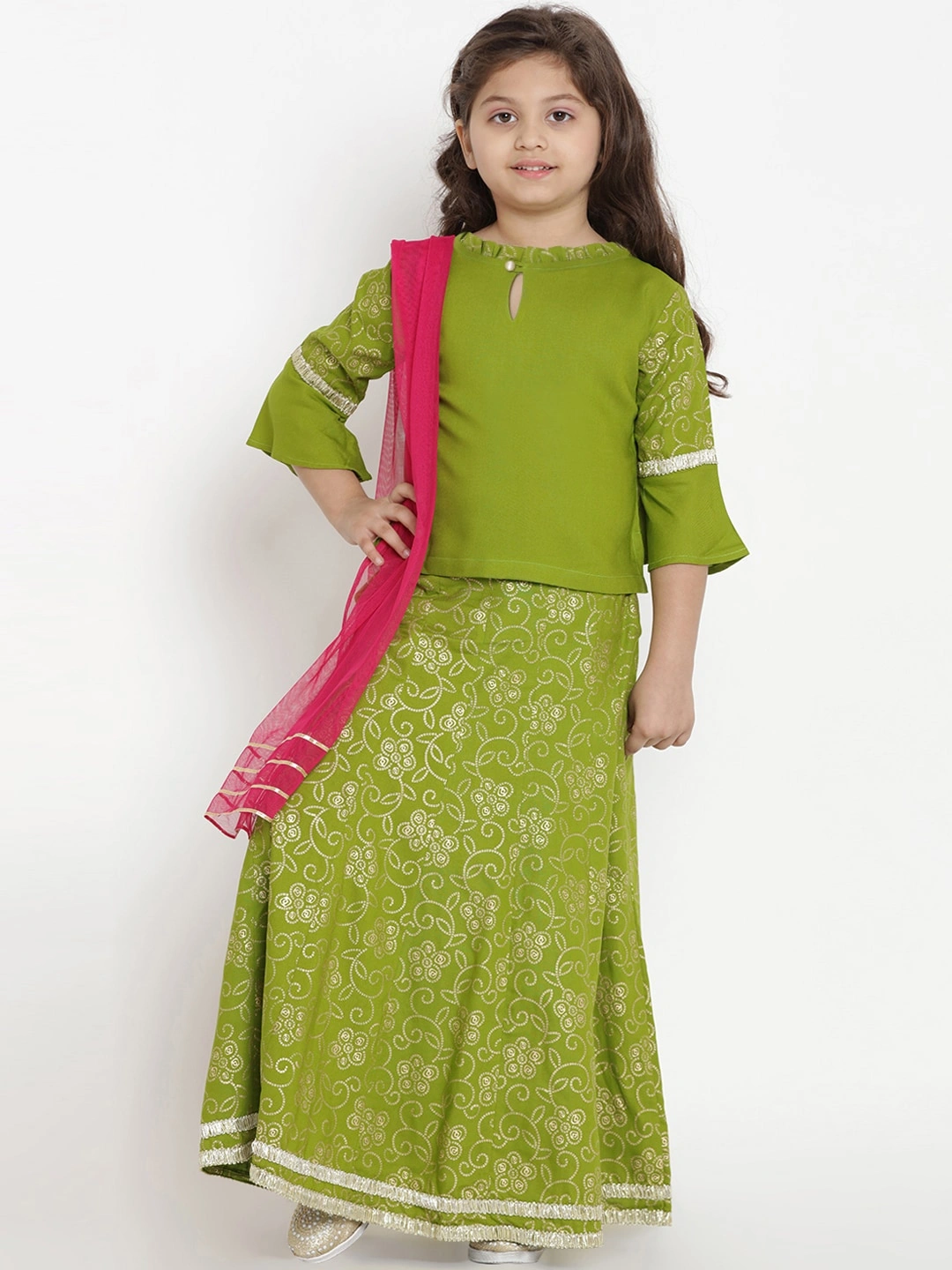 Bitiya by Bhama Girls Green &amp; Fuchsia Solid Ready to Wear Lehenga &amp; Blouse with Dupatta-BBT176_6-7Y