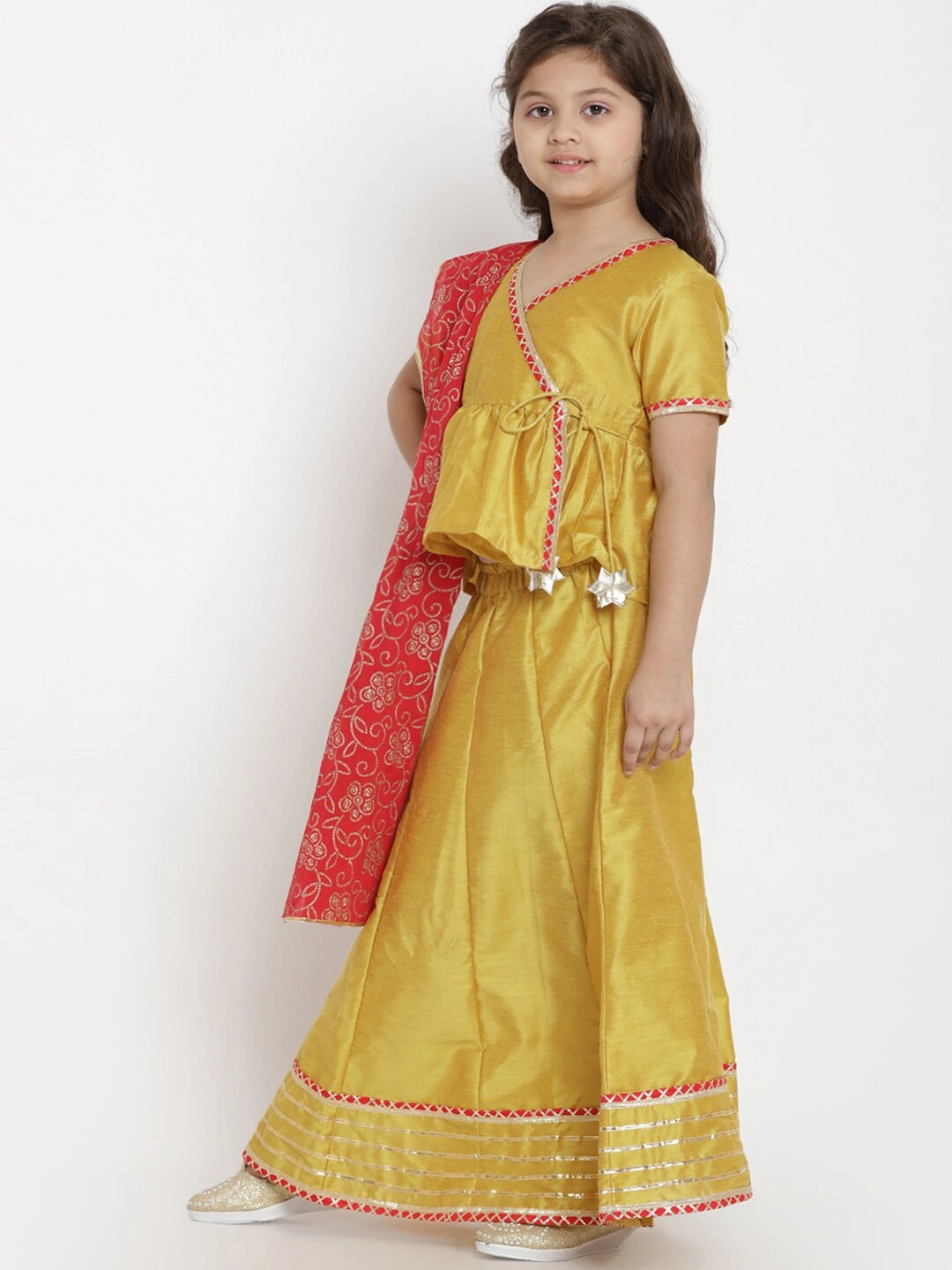 Bitiya by Bhama Girls Mustard Yellow &amp; Red Ready to Wear Lehenga &amp; Blouse with Dupatta-4-5Y-1