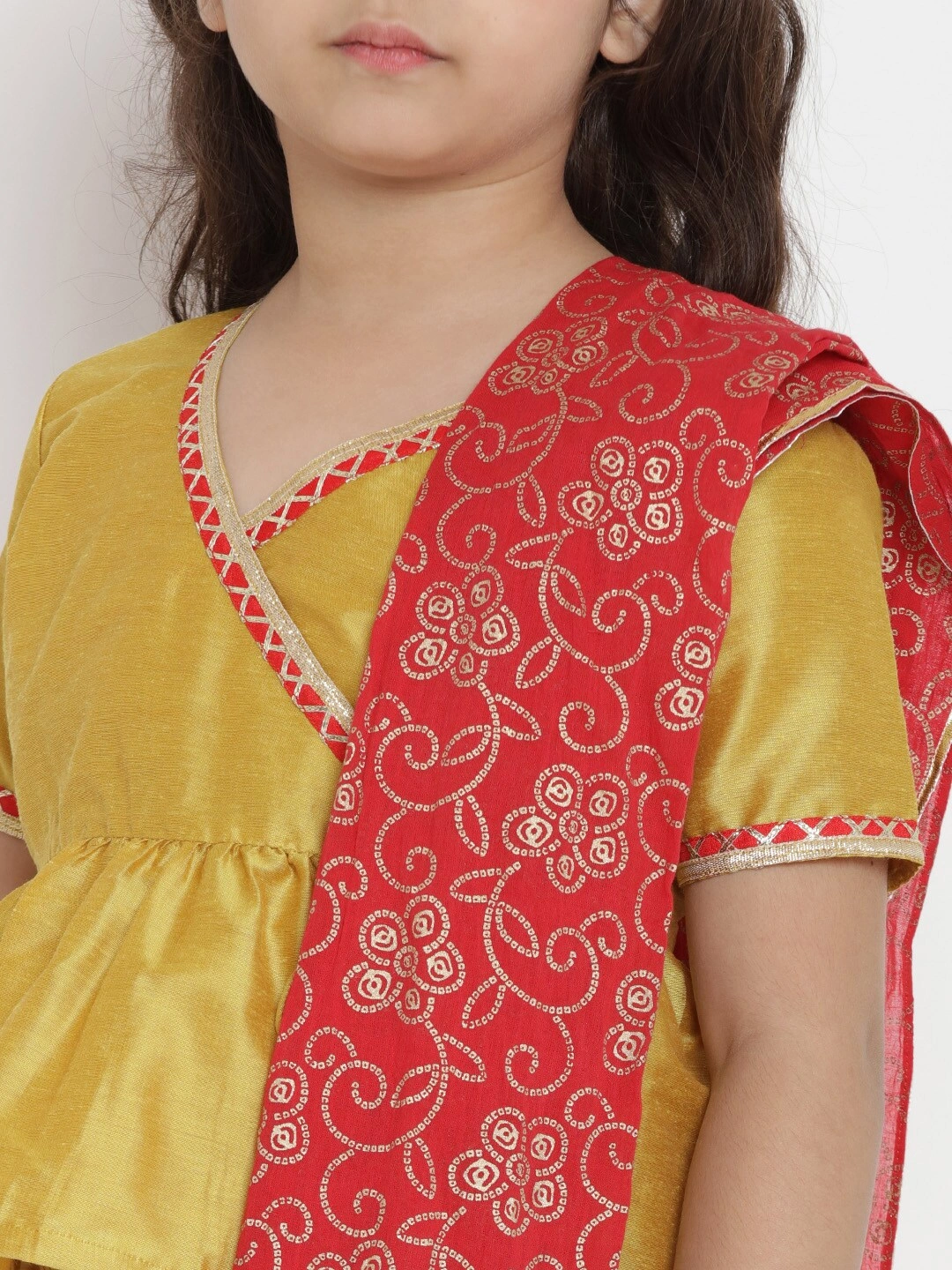 Bitiya by Bhama Girls Mustard Yellow &amp; Red Ready to Wear Lehenga &amp; Blouse with Dupatta-4-5Y-4