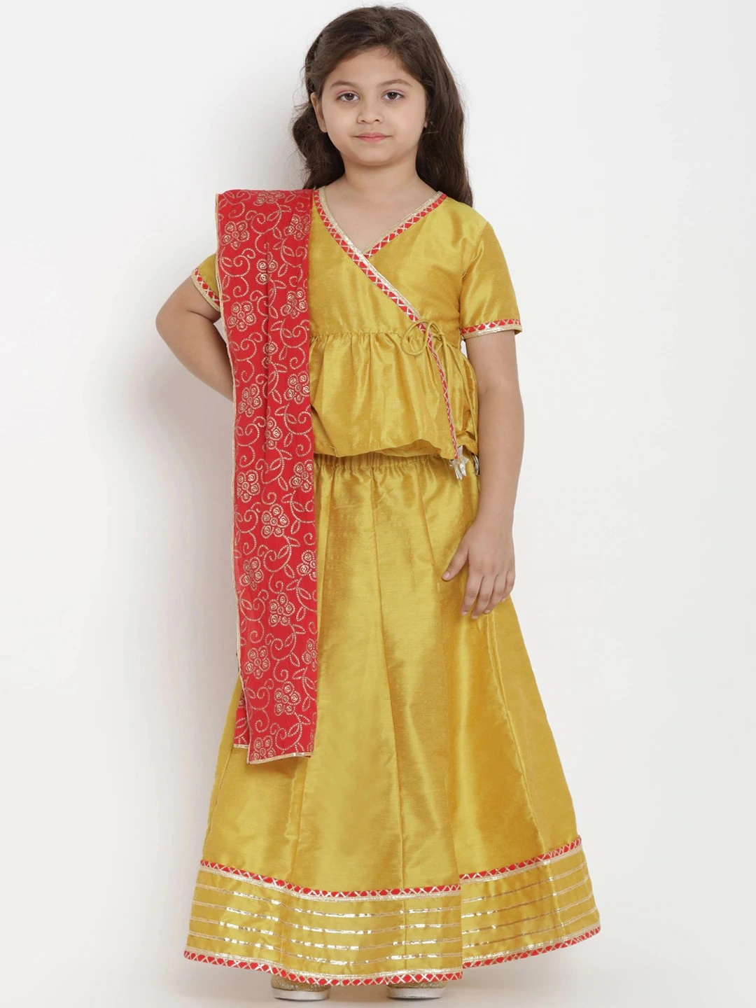 Bitiya by Bhama Girls Mustard Yellow &amp; Red Ready to Wear Lehenga &amp; Blouse with Dupatta-BBT178_6-7Y