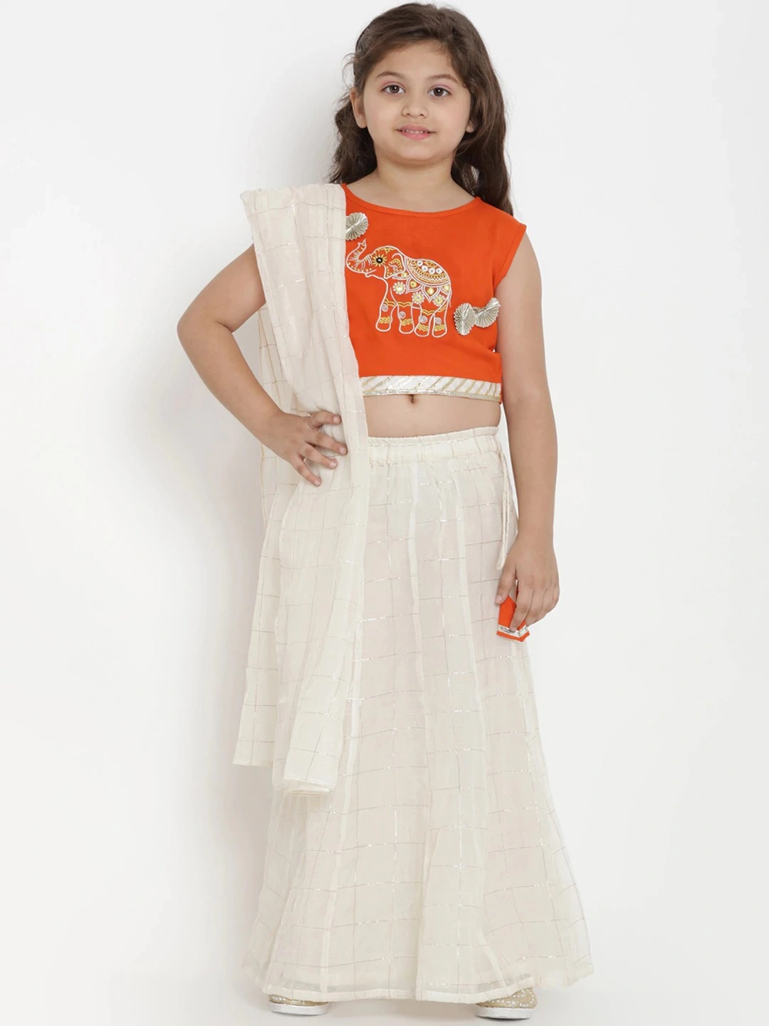 Bitiya by Bhama Girls Off-White &amp; Orange Solid Ready to Wear Lehenga &amp; Blouse with Dupatta-BBT181_3-4Y