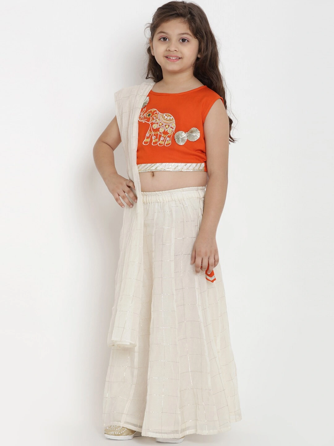 Bitiya by Bhama Girls Off-White &amp; Orange Solid Ready to Wear Lehenga &amp; Blouse with Dupatta-3-4Y-1