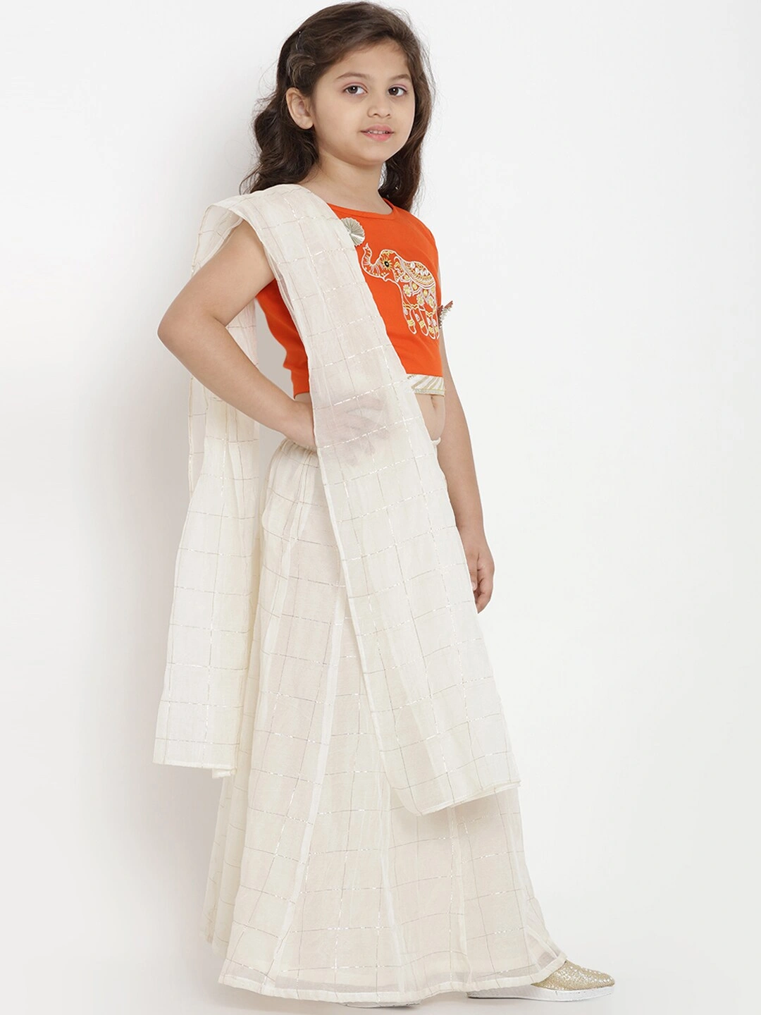 Bitiya by Bhama Girls Off-White &amp; Orange Solid Ready to Wear Lehenga &amp; Blouse with Dupatta-3-4Y-2