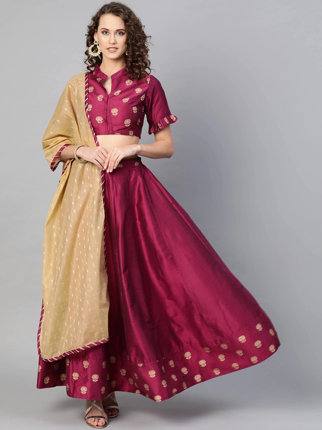 Bhama Couture Magenta &amp; Beige Solid Lehanga Choli With Dupatta-LHC001_L